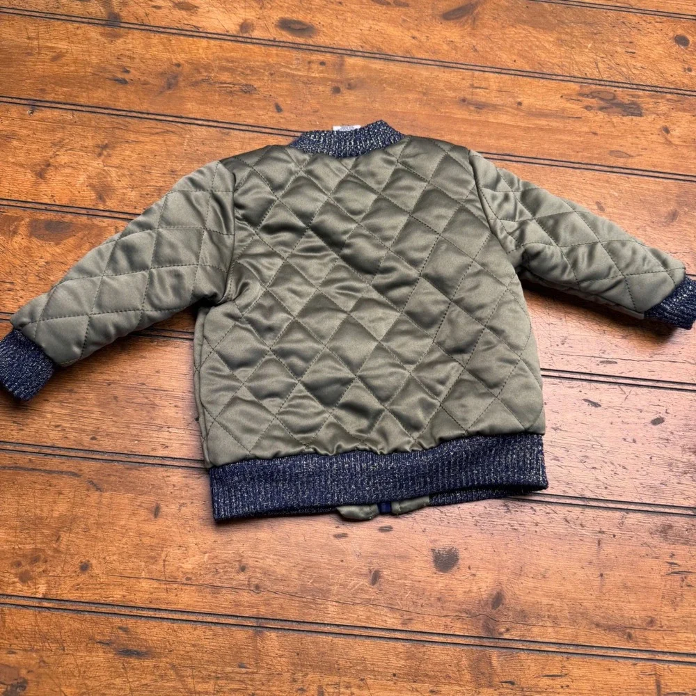 Little‎ Lass Quilted Bomber Jacket Floral Embroidery Kids 12 Months Green Zip Up